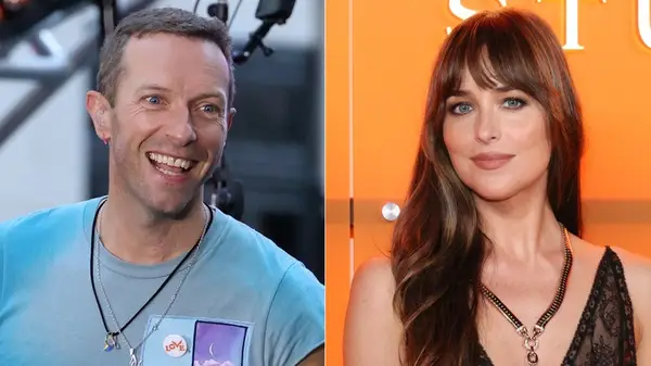 Chris Martin and Dakota Johnson side by side photos