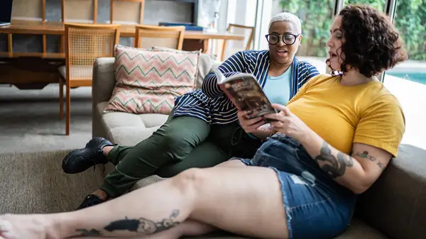 Couple discussing book