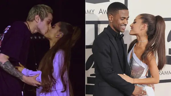 Pete Davidson kissing Ariana Grande and Big Sean posing with Ariana Grande, side by side photos