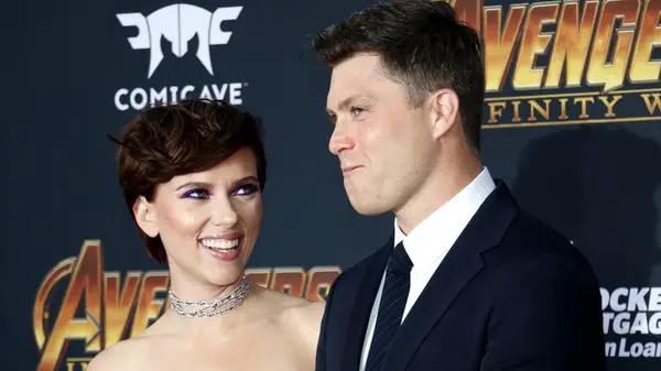 Colin Jost and Scarlett Johansson on the red carpet