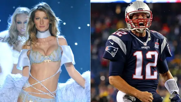 Gisele Bundchen on the runway and Tom Brady playing football, side by side photos