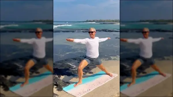 Gray Malin doing yoga on Stackt mat