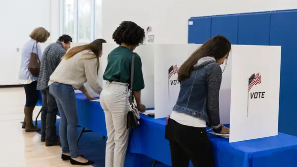 People vote in individual voting booths