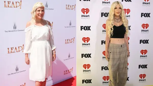 Tori Spelling in 2017 and 2024